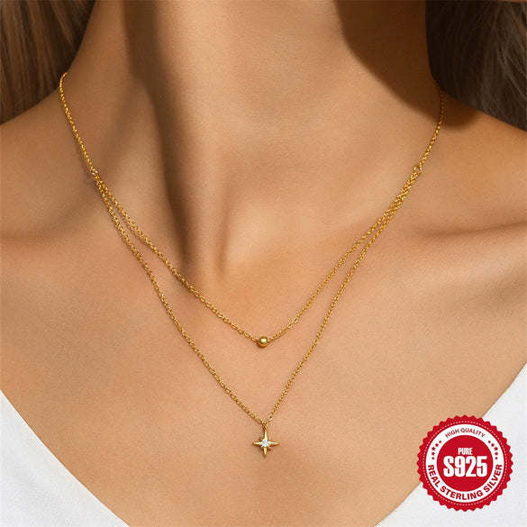 Wholesale Double Layer Small Silver Ball Pendant Necklace In S925 Sterling Silver With Geometric Pattern And Electroplating For Women