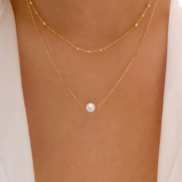 Wholesale Double Layer Stacked Freshwater Pearl Necklace Copper Light Luxury Geometric Clavicle Chain For Women