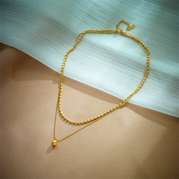 Wholesale Double Layer Stacked Round Bead Pendant Titanium Steel Necklace With Geometric Pattern And Electroplating Retro Cold Style Unisex