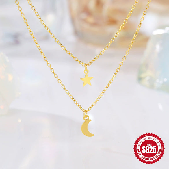 Wholesale Double Layer Stacked Star Moon Necklace In 925 Sterling Silver With Electroplating Treatment For Women