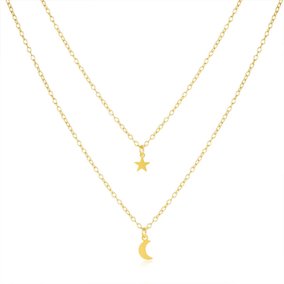 Wholesale Double Layer Stacked Star Moon Necklace In 925 Sterling Silver With Electroplating Treatment For Women
