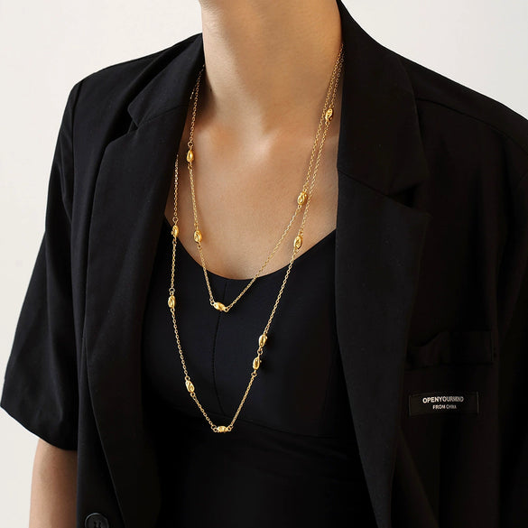 Wholesale Doublelayer Beaded Sweater Chain Light Luxury Titanium Steel Geometric Electroplated Long Necklace For Women