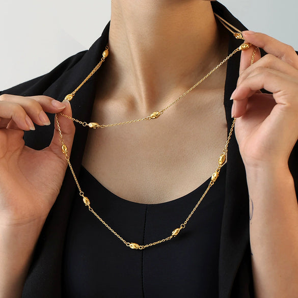 Wholesale Doublelayer Beaded Sweater Chain Light Luxury Titanium Steel Geometric Electroplated Long Necklace For Women