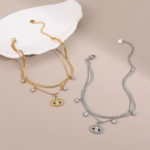 Wholesale Doublelayer Diamondencrusted Devil's Eye Pendant Bracelet Electroplated Geometric Stainless Steel For Women