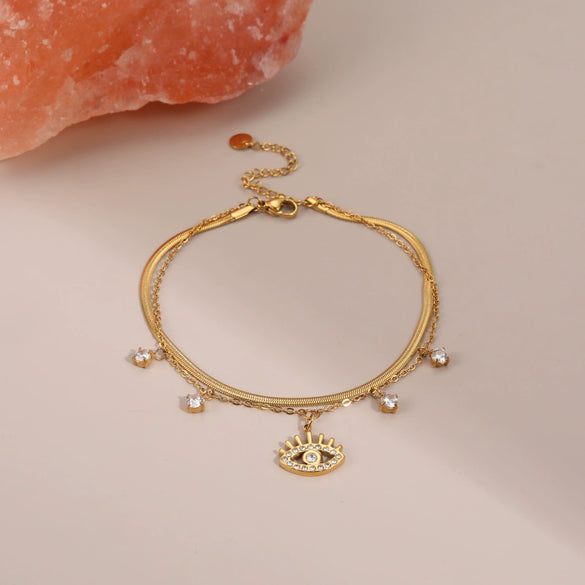 Wholesale Doublelayer Diamondencrusted Devil's Eye Pendant Bracelet Electroplated Geometric Stainless Steel For Women