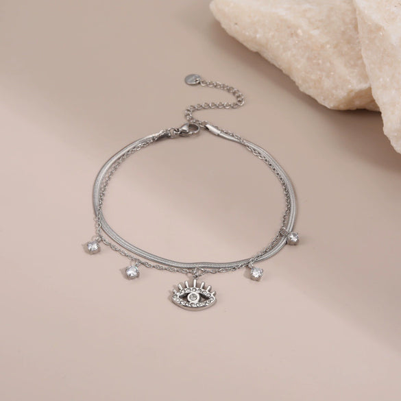Wholesale Doublelayer Diamondencrusted Devil's Eye Pendant Bracelet Electroplated Geometric Stainless Steel For Women