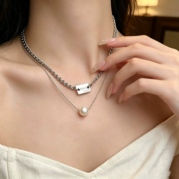 Wholesale Doublelayer Pearl Titanium Steel Women's Necklace With Laser Engraved Letters Numbers Text In Rose Gold Cuban Chain Style