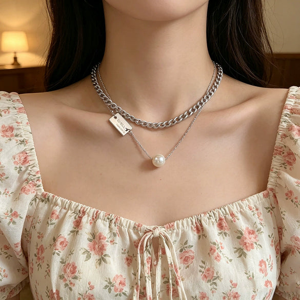 Wholesale Doublelayer Pearl Titanium Steel Women's Necklace With Laser Engraved Letters Numbers Text In Rose Gold Cuban Chain Style