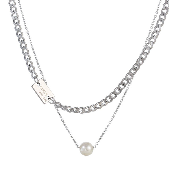 Wholesale Doublelayer Pearl Titanium Steel Women's Necklace With Laser Engraved Letters Numbers Text In Rose Gold Cuban Chain Style