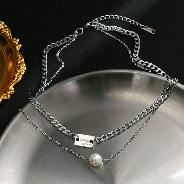 Wholesale Doublelayer Pearl Titanium Steel Women's Necklace With Laser Engraved Letters Numbers Text In Rose Gold Cuban Chain Style