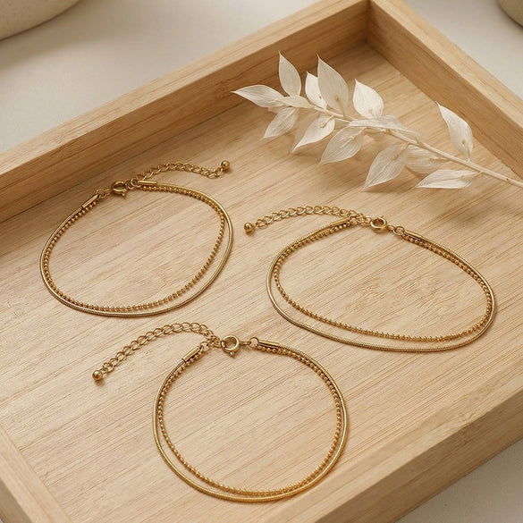 Wholesale Doublelayer Stackable Geometric Round Bead Snake Chain Bracelet Stainless Steel 18K Gold Plated For Women