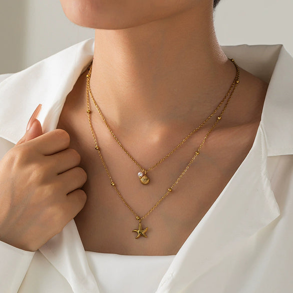 Wholesale Doublelayer Starfish Shell Clavicle Chain Necklace For Women With Animal Zodiac Patterns Made Of Titanium Steel And Electroplated
