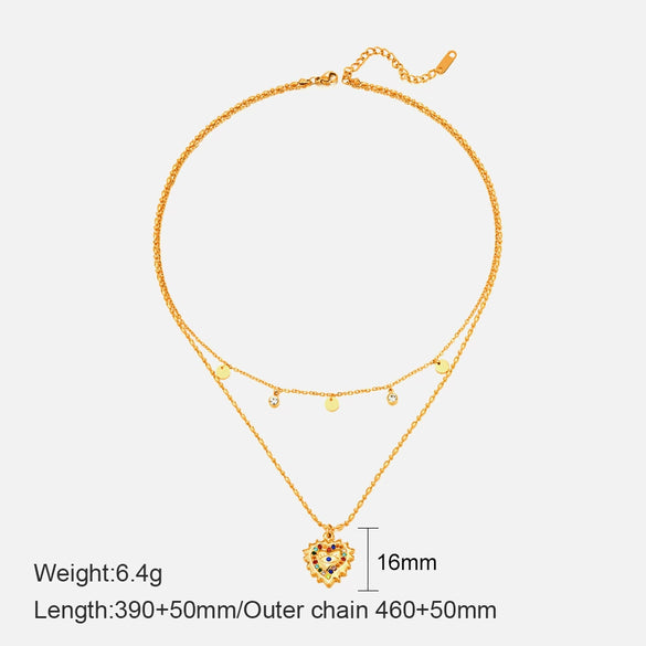 Wholesale Doublelayered Heartshaped Colored Diamond Necklace For Women Stainless Steel And Titanium Steel Electroplated Ball Chain