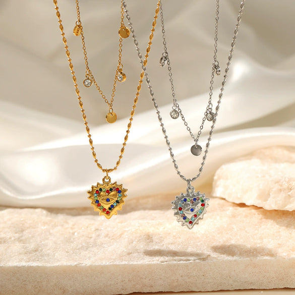 Wholesale Doublelayered Heartshaped Colored Diamond Necklace For Women Stainless Steel And Titanium Steel Electroplated Ball Chain