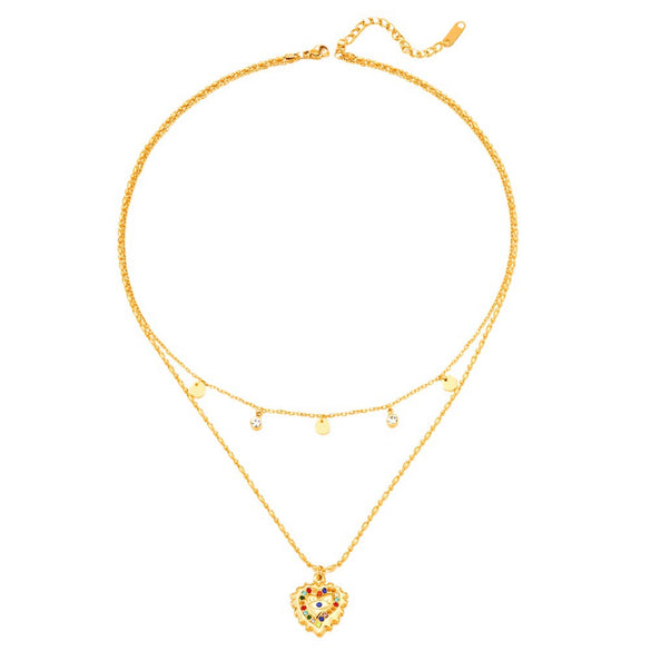 Wholesale Doublelayered Heartshaped Colored Diamond Necklace For Women Stainless Steel And Titanium Steel Electroplated Ball Chain