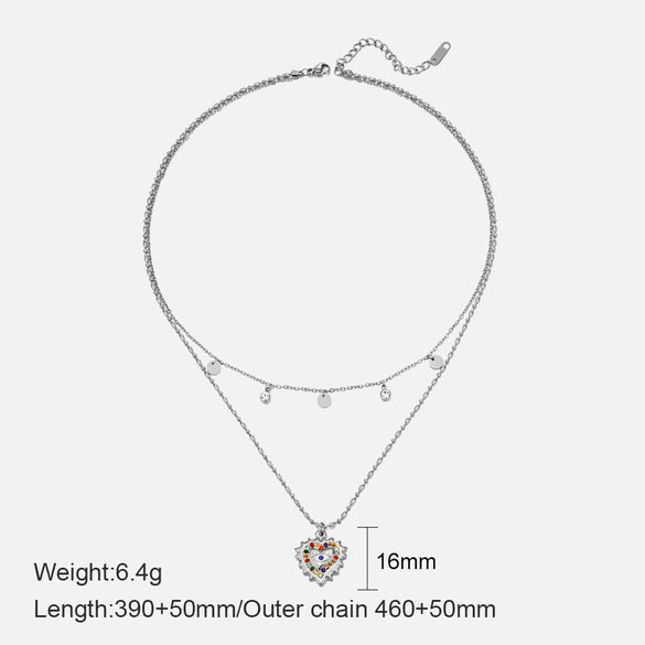 Wholesale Doublelayered Heartshaped Colored Diamond Necklace For Women Stainless Steel And Titanium Steel Electroplated Ball Chain