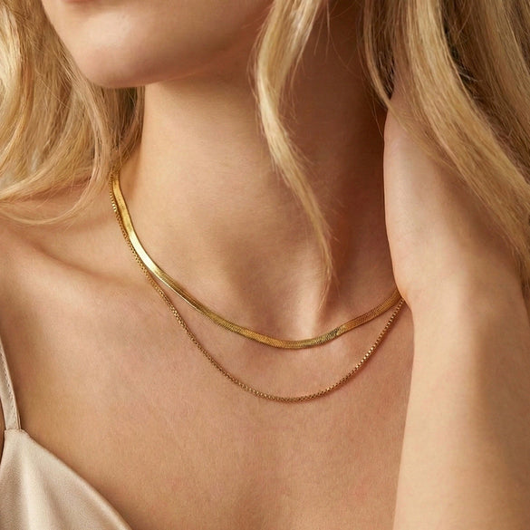 Wholesale Doublelayered Snake Bone Chain Necklace For Women Geometric Retro Gold Electroplated Calendering Chain