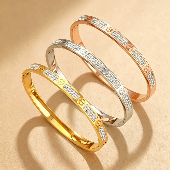 Wholesale Doublerow Full Diamond Clasp 18K Goldplated Titanium Steel Bracelet With Geometric Light Luxury Style And Polish Processing