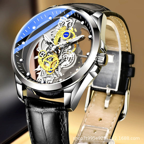 Wholesale Doublesided Hollowout Fullautomatic Men's Watch Alloy Stainless Steel Mineral Strengthened Glass Mirror Round Business Style Waterproof Luminous
