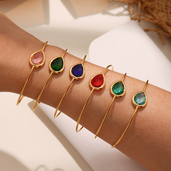 Wholesale Dropshaped Czech Glass Open Bracelet Stainless Steel 18K Gold Plated Geometric Jewelry