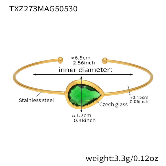 Wholesale Dropshaped Czech Glass Stone Open Bracelet 316L Stainless Steel 18K Gold Plated Geometric Design Luxury Bracelet