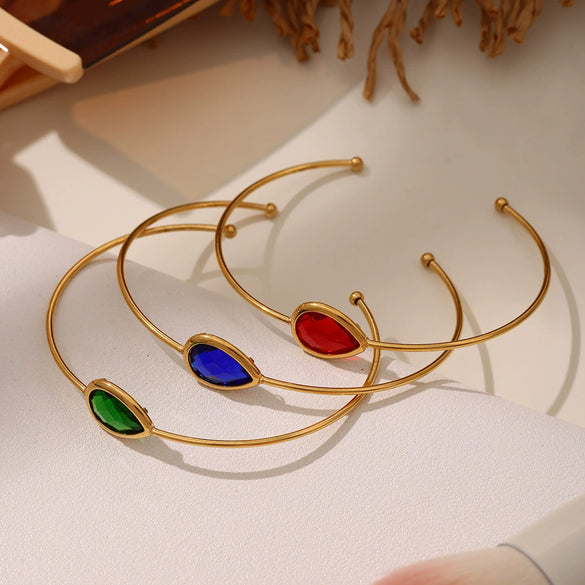 Wholesale Dropshaped Czech Glass Stone Open Bracelet 316L Stainless Steel 18K Gold Plated Geometric Design Luxury Bracelet