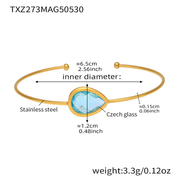 Wholesale Dropshaped Czech Glass Stone Open Bracelet 316L Stainless Steel 18K Gold Plated Geometric Design Luxury Bracelet