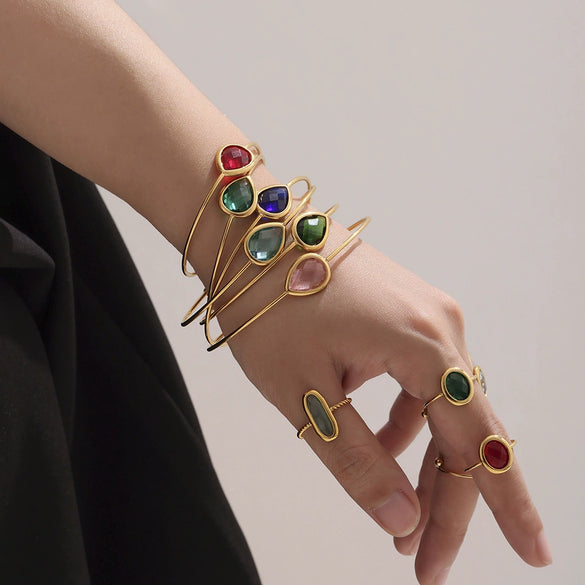 Wholesale Dropshaped Czech Glass Stone Open Bracelet 316L Stainless Steel 18K Gold Plated Geometric Design Luxury Bracelet