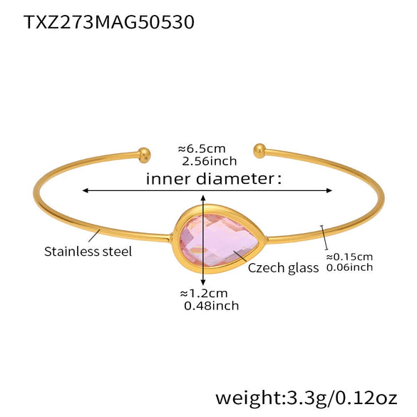 Wholesale Dropshaped Czech Glass Stone Open Bracelet 316L Stainless Steel 18K Gold Plated Geometric Design Luxury Bracelet