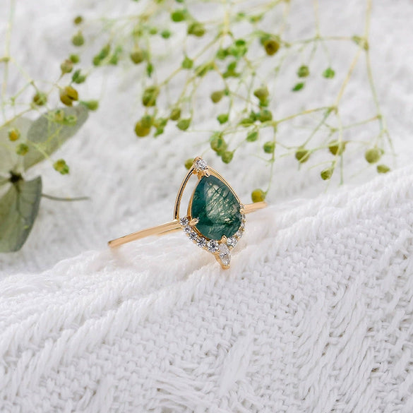 Wholesale Dropshaped 925 Silver 14K Gold Plated Water Grass Agate Ring Set With Precious Stones For Women French Retro Style