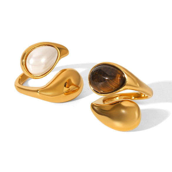 Wholesale Dropshaped Stainless Steel Ring Inlaid With Tiger Eye Stone Minimalist Style Women's Jewelry
