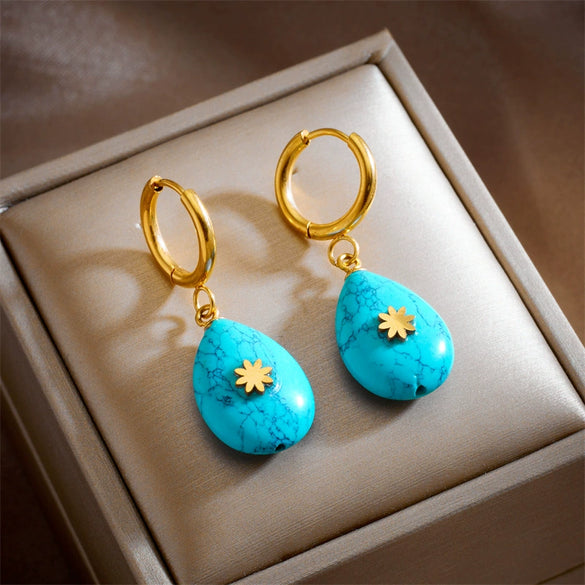 Wholesale Dropshaped Turquoise Titanium Steel Hanging Earrings Retro Simple Classical Electroplated For Women