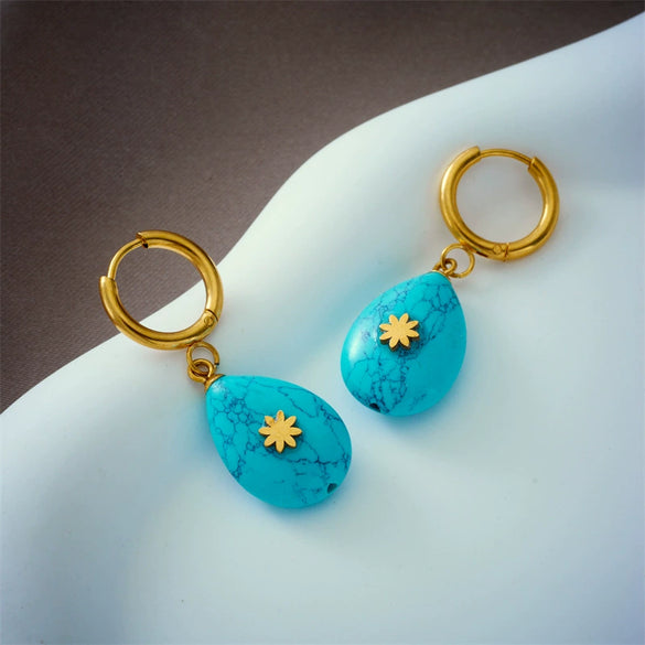 Wholesale Dropshaped Turquoise Titanium Steel Hanging Earrings Retro Simple Classical Electroplated For Women