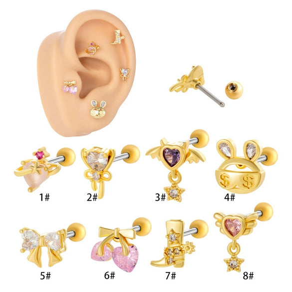 Wholesale Ear Bone Nail Copper Inlaid Zircon Stainless Steel Heart Pattern Electroplated For Women Girly Princess Style