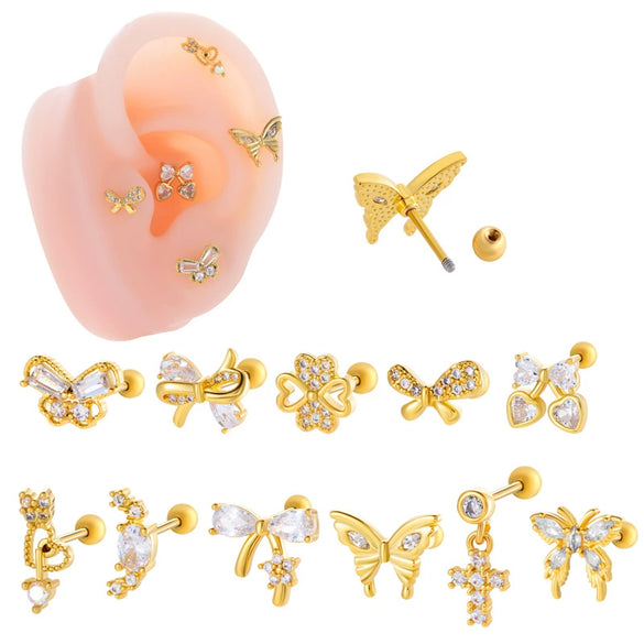 Wholesale Ear Bone Nail Stainless Steel Copper Inlaid Zircon Girlish Butterfly Bow Heart Pattern Electroplated