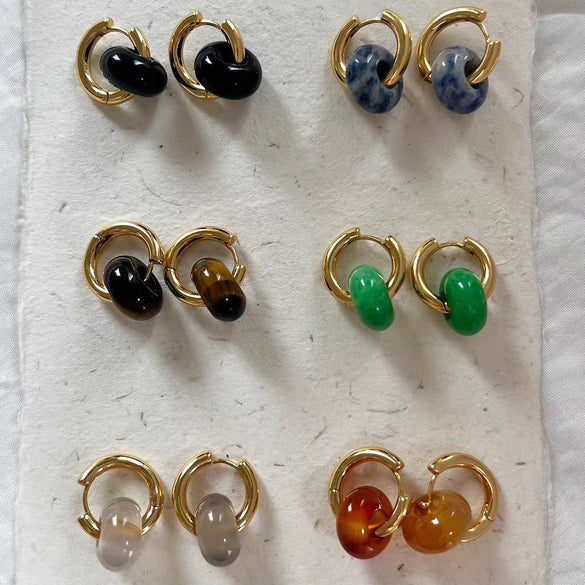 Wholesale Ear Buckles Natural Agate Jade Round Titanium Steel And Stainless Steel Ushaped Electroplated Light Luxury Niche Simple Style