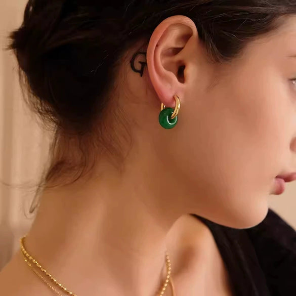 Wholesale Ear Buckles Natural Agate Jade Round Titanium Steel And Stainless Steel Ushaped Electroplated Light Luxury Niche Simple Style