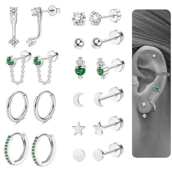 Wholesale Ear Clip Earrings Stainless Steel Real Gold Plated Green Zircon Fivepointed Star Distinctive Fashion