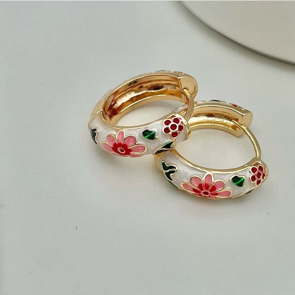 Wholesale Ear Jewelry Copper 14K Gold Ear Needle Flower Pattern Dripping Oil Process