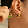 Wholesale Ear Jewelry French Retro Green Glass Hollow Titanium Steel Plated 18K True Gold Niche Geometric Earrings