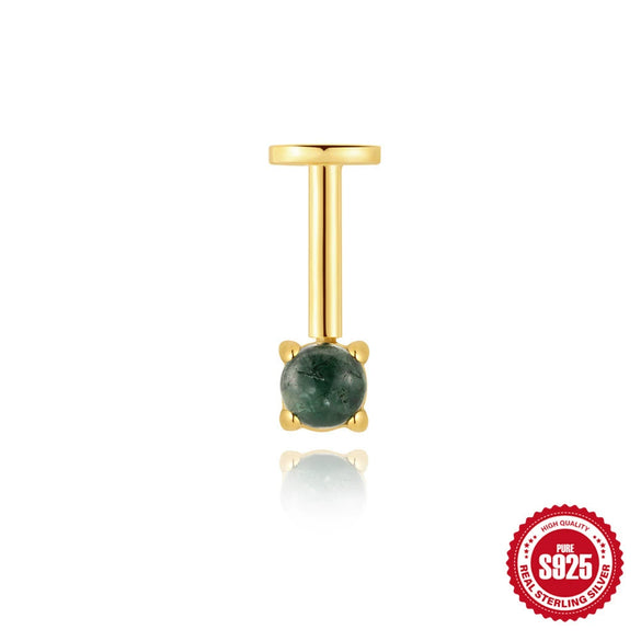 Wholesale Ear Jewelry Sterling Silver Natural Water Grass Agate Inlaid With Diamond Tassel Flat Head Threaded Piercing Geometric Style Environmentally Friendly Electroplated