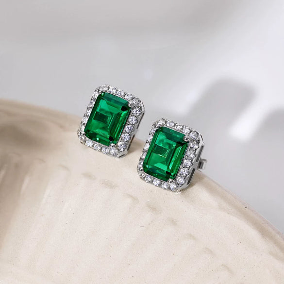 Wholesale Ear Studs S925 Sterling Silver Geometric Design Inlaid With Small Diamond Emerald For Women