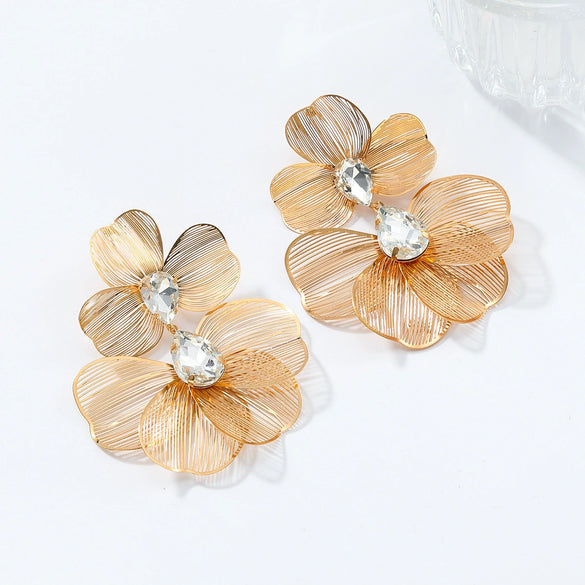 Wholesale Earrings Alloy Goldplated Floral Hollowout Rhinestone Multilayer Minimalist Style