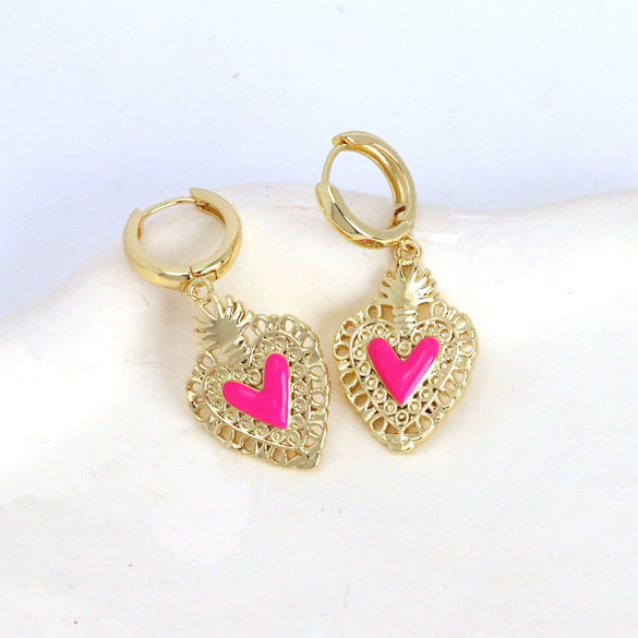 Wholesale Earrings Copper Dripping Oil Geometric Heartshaped Sweet Style 18K Gold Plated
