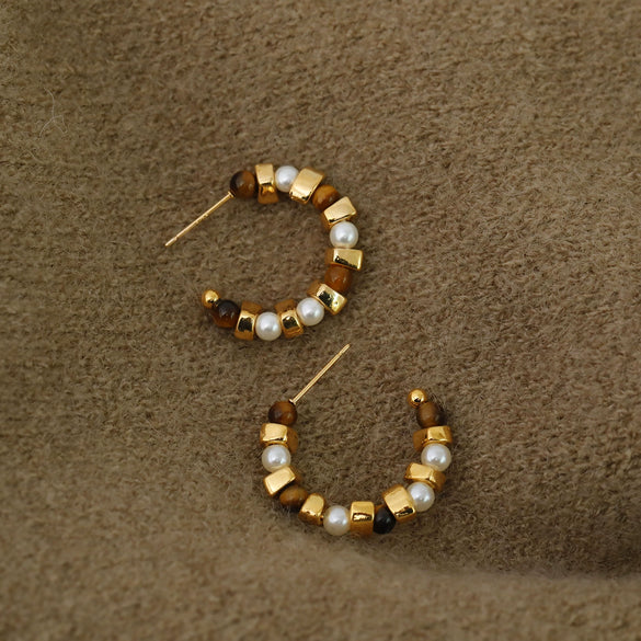 Wholesale Earrings Copper Geometric Cshaped Tiger's Eye Electroplating For Women Minimalist Light Luxury French Retro Style