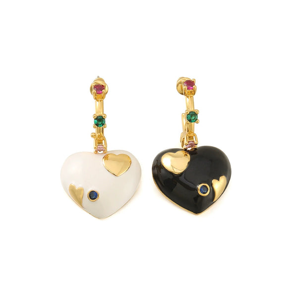 Wholesale Earrings Copper Geometric Heart Cshaped Retro Enamel Asymmetric Zircon Inlaid Electroplating