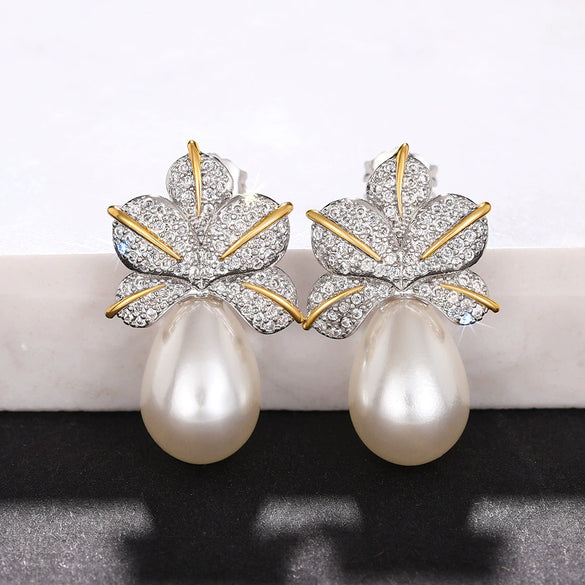 Wholesale Earrings Copper Imitation Pearl Light Luxury Geometric Leaves Inlaid Zircon