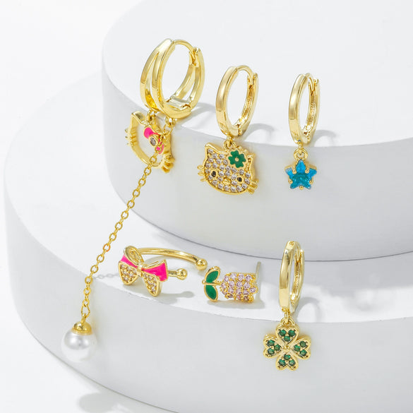 Wholesale Earrings Copper Inlaid Zircon Bow Star Geometric Animal Zodiac Style