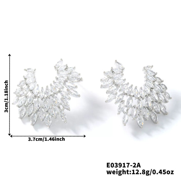 Wholesale Earrings Copper Inlaid Zircon Willow Leaf Asymmetrical Geometric Heart Flower Light Luxury Style Electroplating