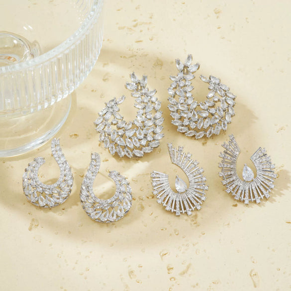 Wholesale Earrings Copper Inlaid Zircon Willow Leaf Asymmetrical Geometric Heart Flower Light Luxury Style Electroplating